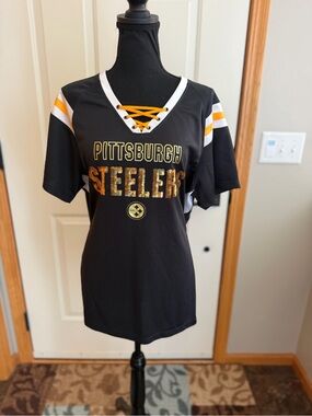 NFL team fan Pittsburgh  Steelers black gold v neck sequined lace up shirt. XXL